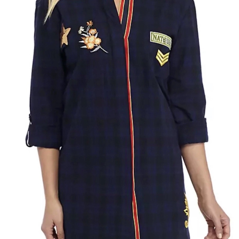 Sam Edelman Navy Plaid Patch Embellished Sleep Shirt/ Dress Shirt - Size M - Picture 3 of 14